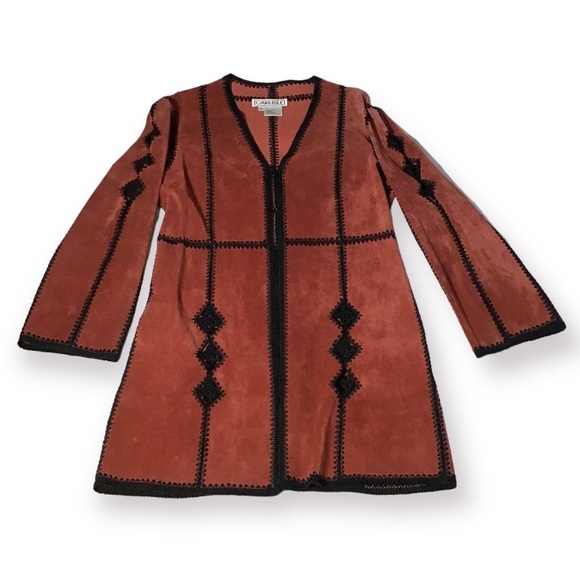 Carlisle Jackets & Blazers - Vintage Carlisle Sz 8 M Suede Crochet long leather jacket duster rust orange